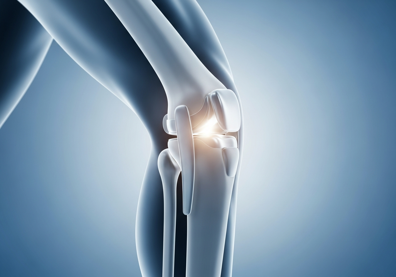 Cutaway illustration of a metal-and-polyethylene knee implant on the femur and tibia